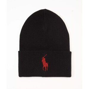 Classic Polo Ralph Lauren Men's Big Pony Cuffed Beanie Hat Navy w/Red Big Pony